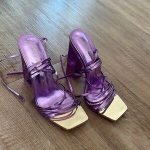 Metallic Purple Strappy Block Heel Sandals by (Public Desire)